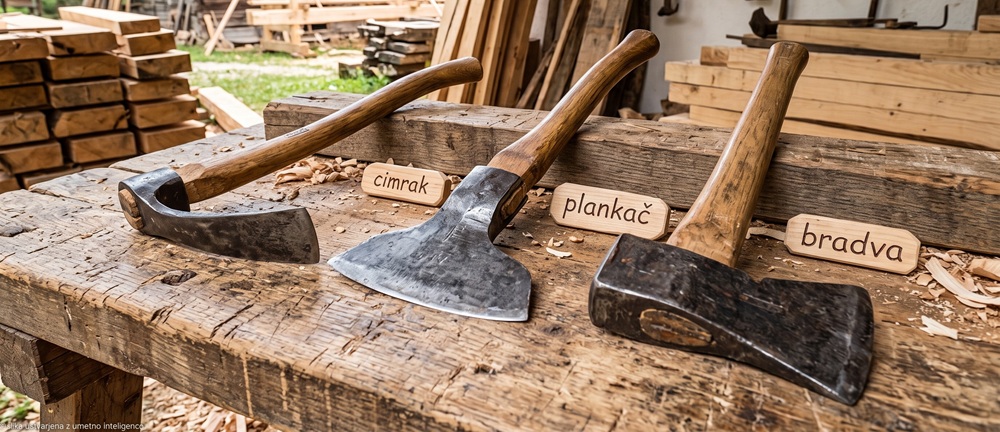 Tesarska orodja na mizi: cimraka, plankača in bradva